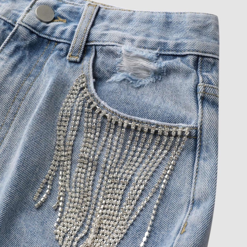 Cider Light Blue Jean Shorts with Silver Rhinestone Fringe